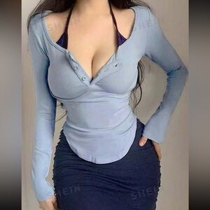Blue long sleeve half button down with halter straps